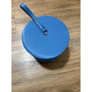 Vintage Blue Vinyl Wig Case Hat Box Travel Storage Carrier Mid Century Round